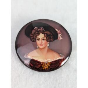 Russian Rare pin Edwardian portrait round 2"Laquer art Back black with old style